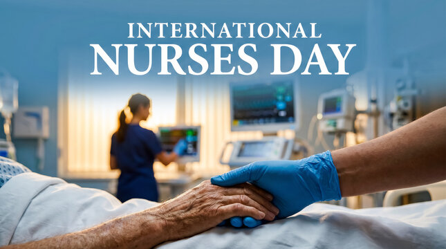 Postcard for International Nurses Day featuring a close up of hands and medical monitors.