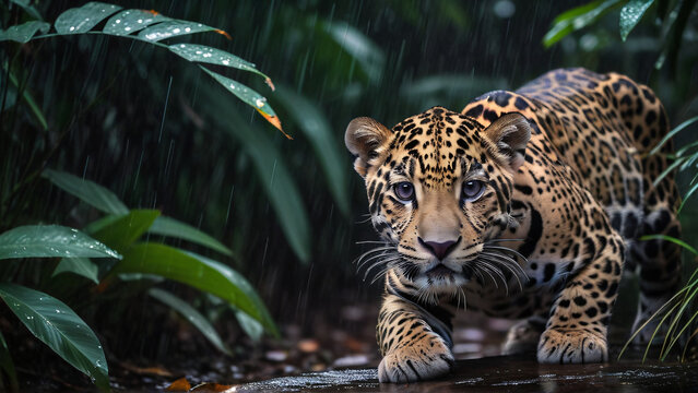 A young  jaguar cub lurking nearby