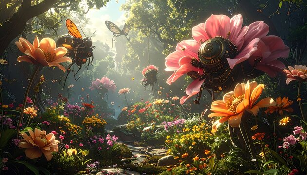 Lush meadow with fantastical, oversized clockwork insects amidst vibrant blooms, bathed in dappled sunlight
