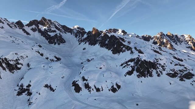 Aerial view Chamonix France snowy mountains and ski tracks
