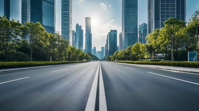 Wide asphalt road leading to modern city skyscrapers and green trees