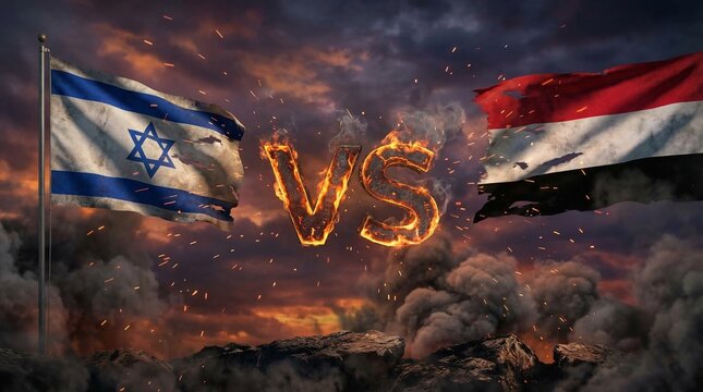 Israel and Yemen flags facing off in a fiery explosive scene