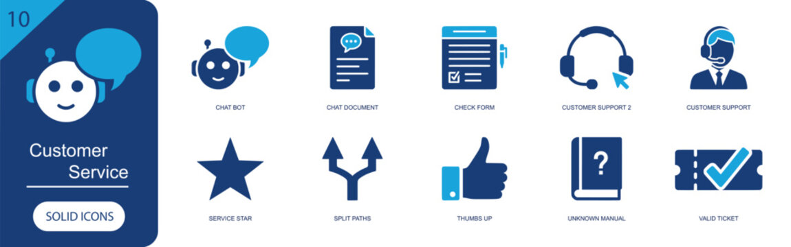 Customer service icon set. Containing chat bot, chat document, check form, customer support, service star, split paths, thumbs up, manual, valid ticket and more. Solid fill vector icons.