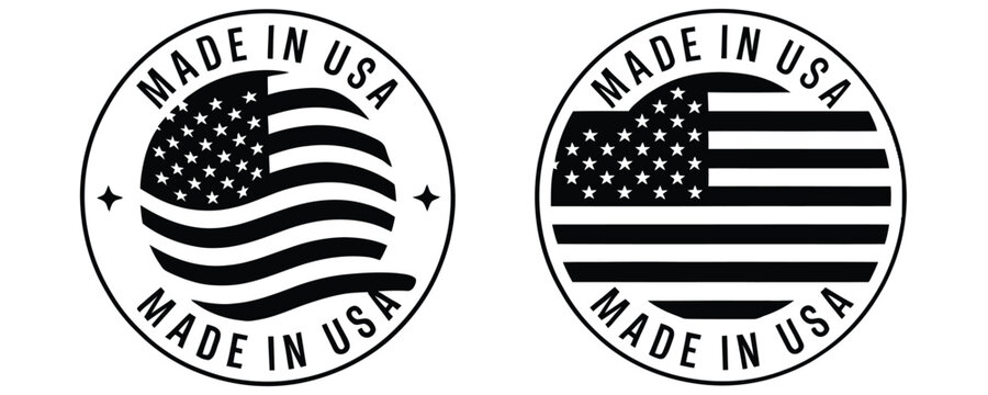 Made in USA stamps with American flags on white background for product labeling
