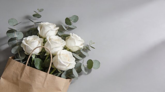 White roses bouquet with eucalyptus in kraft paper bag. Fresh floral arrangement for gifts and celebrations. Minimalist flat lay design on gray surface for romantic or sympathy themes