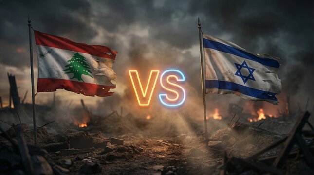Lebanon and israel flags on fire in a war zone with vs symbol