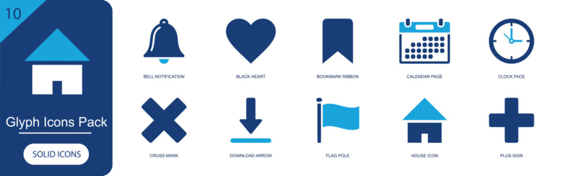 Glyph icons pack set. Containing bell notification, black heart, bookmark ribbon, calendar, clock, cross mark, download, flag pole, house, plus sign and more. Solid fill vector icons.