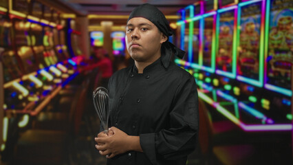 Fototapeta premium Man chef in black uniform holding whisk with hands clasped, standing among neon slot machines on a casino floor; determination culinary craft.