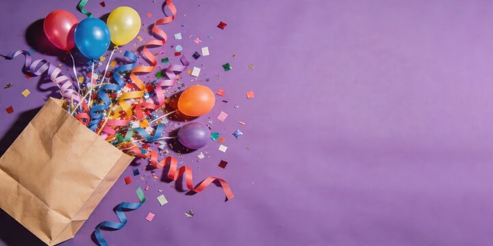 Brown paper bag overflowing with colorful balloons ribbons and confetti. Festive party supplies spilling out on purple background. Celebration and birthday gift concept. banner format