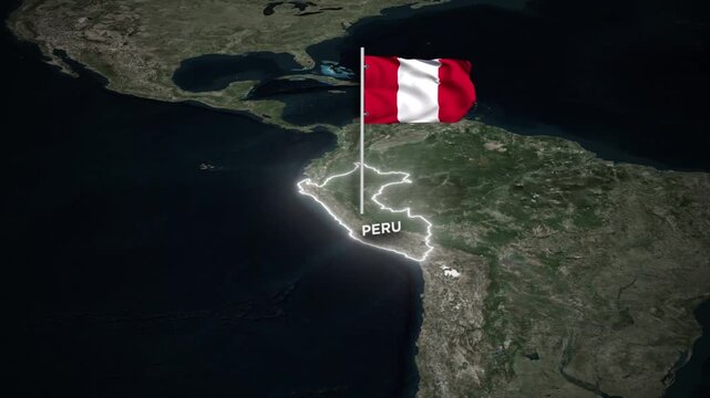Peru Map Animation with 3D Waving of Peru National Flag and Glowing Border Animation on World Map