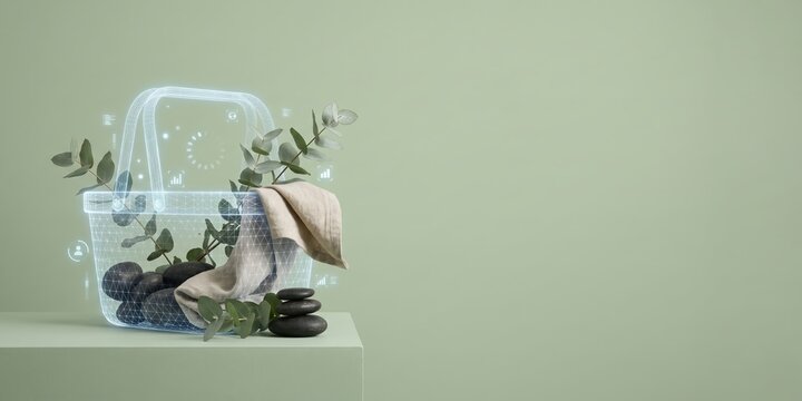 Holographic basket filled with eucalyptus leaves and stones draped in linen cloth. Digital zen and wellness concept. Augmented reality for spa relaxation and natural harmony. banner format