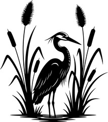 Obraz premium Elegant heron standing gracefully among cattails Vector Art
