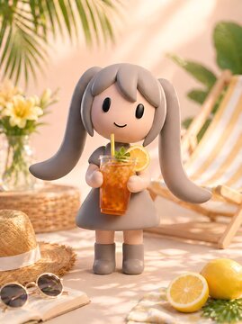 Cute pastel 3D character holding iced orange drink in cozy summer scene