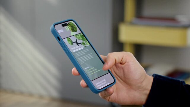 Male hands holding a smartphone and scrolling through a sustainability report