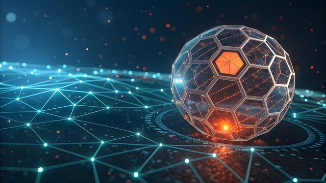 Futuristic Transparent Geodesic Sphere with Hexagonal Cells on Digital Network