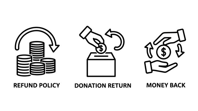 Icons for refund policy donation return money back guarantee stack of coins dollar sign circular arrows customer satisfaction exchange rate donation guarantee commerce business