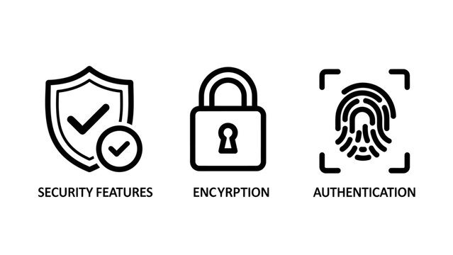 Icons for security features encryption authentication with check mark line art security encryption authentication features verified fingerprint biometric protection technology identity