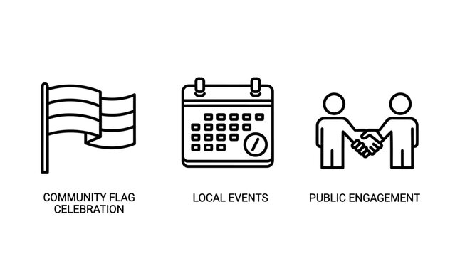 Icons representing community flag local events fair engagement with community celebration calendar engagement handshake illustration celebrate together partnership agreement schedule