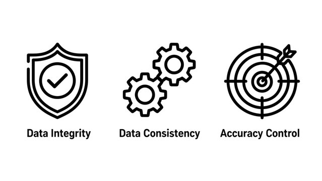 Icons representing data integrity consistency accuracy control with integrity consistency accuracy checkmark dartboard illustration security protection standard precision reliability