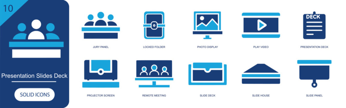 Presentation slides deck icon set. Containing jury panel, locked folder, photo display, play video, presentation, projector, remote meeting, slide deck and more. Solid fill vector icons.