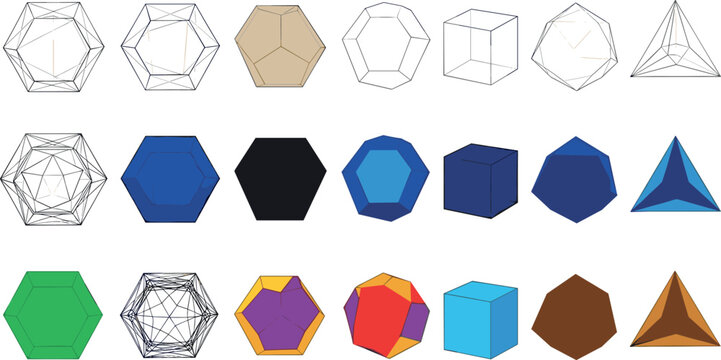 Geometric 3D Shape Icon Set with Hexagon, Cube, Diamond, and Polyhedron Forms in Outline and Colorful Styles for Math and Design Projects