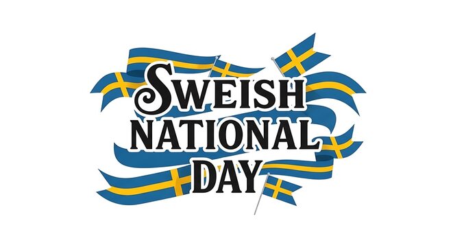 Swedish national day typography design with blue and yellow waving ribbons and sweden flag elements for celebration