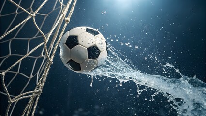 Fototapeta premium soccer ball flying into net with water splash in dramatic black and white