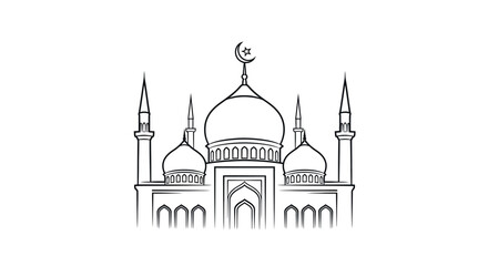 mosque line drawing with domes and minarets © Sujon