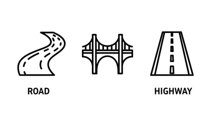 Fototapeta premium Set of road bridge highway line art icons representing transportation infrastructure with icon set transportation infrastructure motorway overpass construction direction illustration landmark