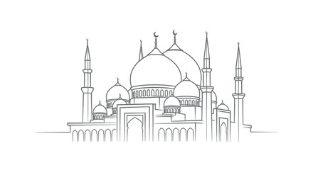 mosque line drawing with domes and minarets © Sujon