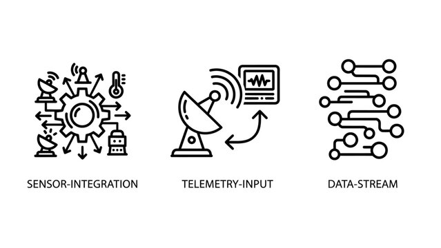 Sensor integration telemetry input data stream line icons for advanced technology and digital systems with integration telemetry technology communication engineering analytics information