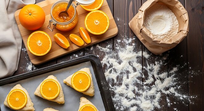 Fresh orange slices and marmalade jam prepared on a wooden cutting board with baking tray of scones on dark rustic table