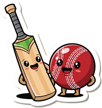 Cute cartoon style cricket bat and red ball mascot character sticker