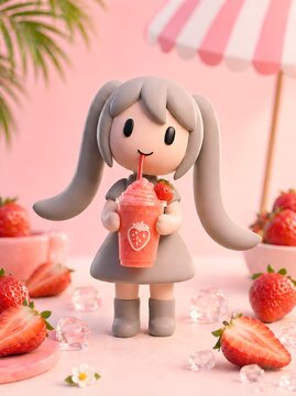Cute pastel 3D character drinking strawberry milkshake with fresh berries