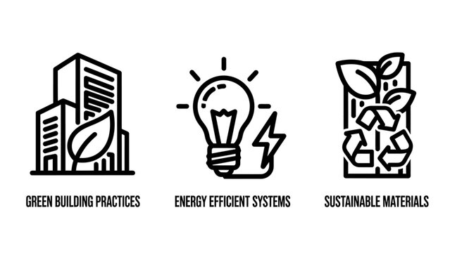 Green building practices energy efficient systems sustainable materials line icons with eco friendly line art black white sustainability environment architecture construction lightbulb