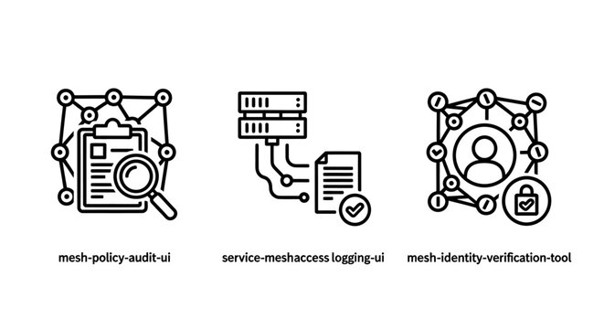 Mesh network audit service mesh backend verification tool outline icons with magnifying glass line art black white verification security cybersecurity document checkmark interconnected