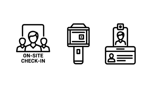 On-site check-in and event access control icons with scanner and id badge on site check in id badge line art black and white background check-in security identification id badge