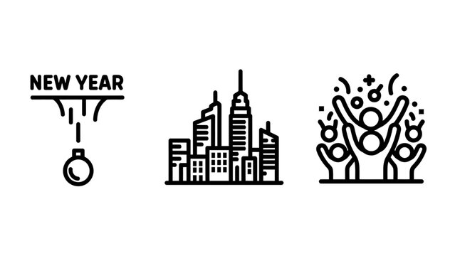 New year celebration and city skyline icons set with ball drop and celebrating people city icon holiday icon party icon urban icon architecture icon building icon line art black and white