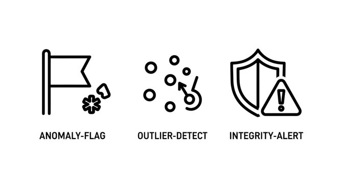 Data integrity and anomaly detection icons set with flag indicator outlier identification and system security alert warning integrity security monitoring analysis detection information software