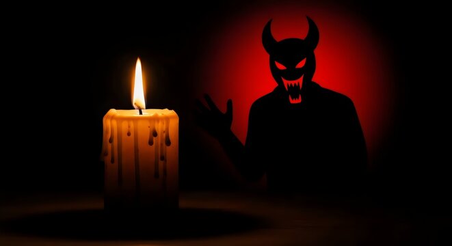 Candle burning in night atmosphere projecting devil silhouette symbolizing tension between holiness and darkness