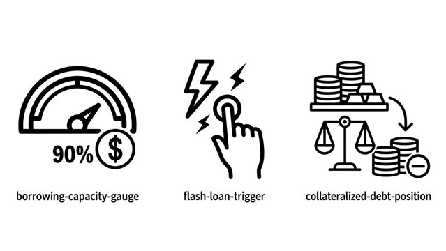 Borrowing capacity gauge flash loan trigger collateralized debt position icons for decentralized finance and cryptocurrency concepts with smart contract cryptocurrency blockchain financial