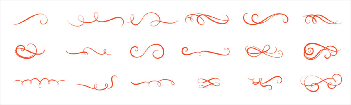 Curly line flourish set in red minimalist style. Decorative swirls loops and separators for headers logos and elegant branding. Clean vector collection for dividers accents and ornamental design use.