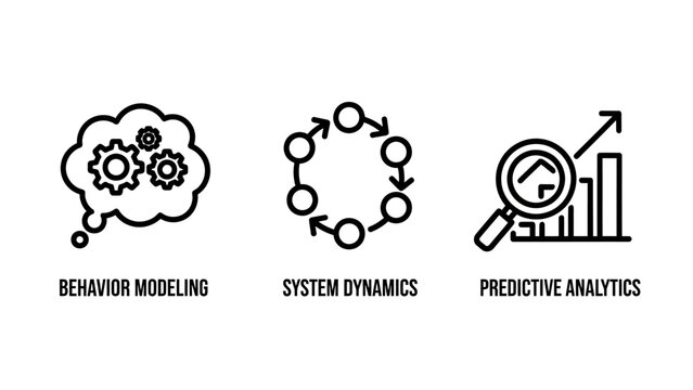 Behavior modeling system dynamics predictive analytics icons representing business intelligence and data analysis concepts with big data machine learning artificial intelligence magnifying glass