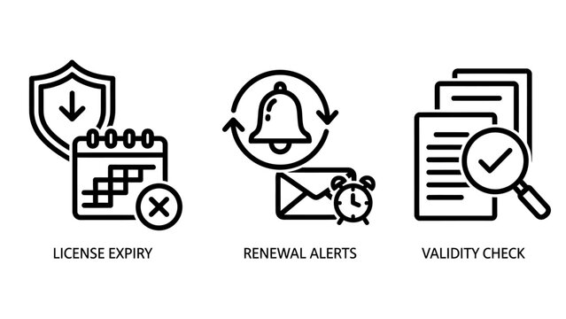 Software license management and validity verification icons with validity calendar document verification security compliance expiration notification contract paperwork magnifying protection