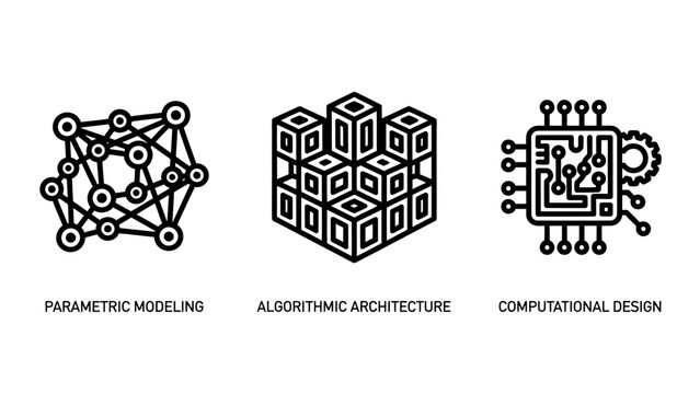 Engineering and design technology concept icons set with parametric modeling architecture computational technology engineering structure innovation development computer software blueprint
