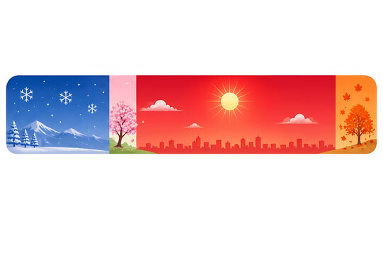 二季化する日本の気候をイメージした横長バナー 夏と冬が長く春と秋が短い季節の比率イラスト