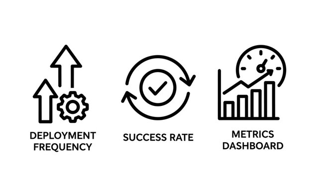 Software deployment and metrics dashboard performance icons with deployment dashboard frequency performance analytics software development programming monitoring business efficiency