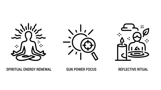 Spiritual wellness and mindfulness concept icon set featuring meditation sun focus and reflective ritual spiritual wellness mindfulness meditation reflection relaxation wellbeing serenity