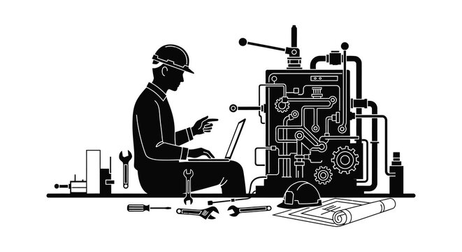 engineer working with machine tools and laptop silhouette high quality professional detailed modern elegant stylish clean crisp vibrant colorful digital creative