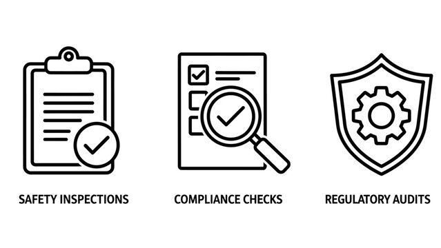 Set of three linear icons showing safety inspections compliance checks regulatory audits for business operations and quality management inspections compliance regulatory business management